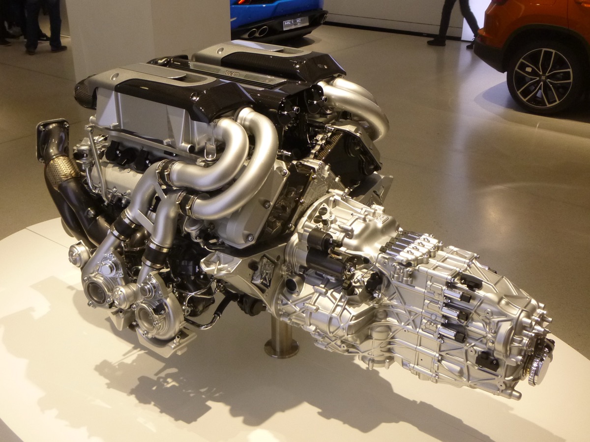 The Bugatti W16 engine — two narrow-angle V8s joined at the crankshaft, four turbochargers, 7,993cc
