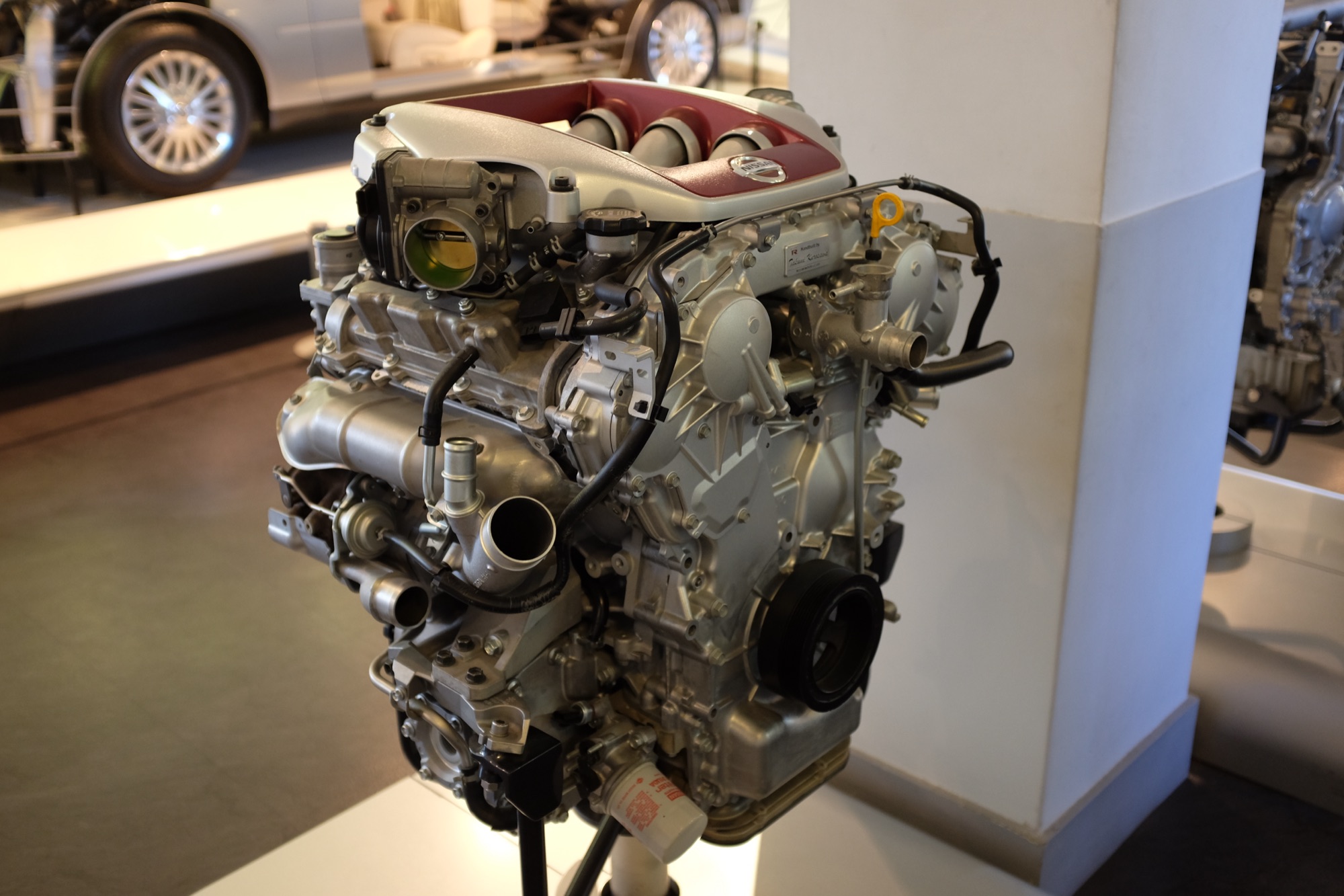 Nissan VR38DETT engine on display at the Nissan Engine Museum